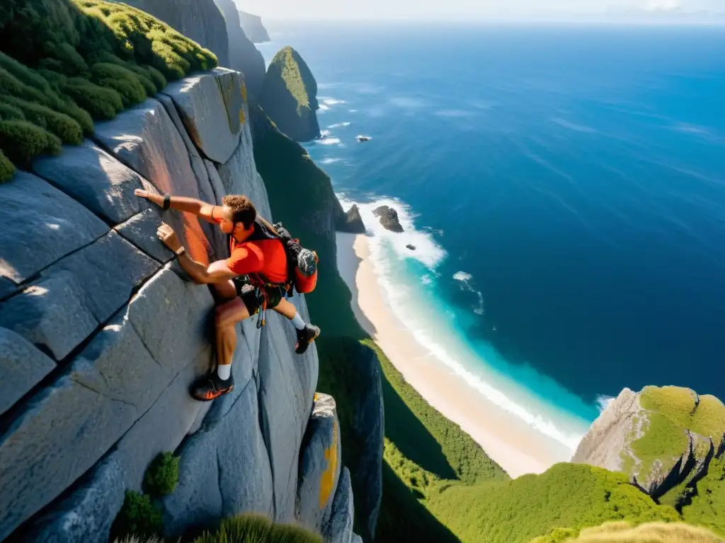 Escalada en solitario: desafío en la roca Un solitario escalador desafiando una pared rocosa en una isla remota, mostrando valentía y destreza en la escalada en islas remotas sin cuerdas