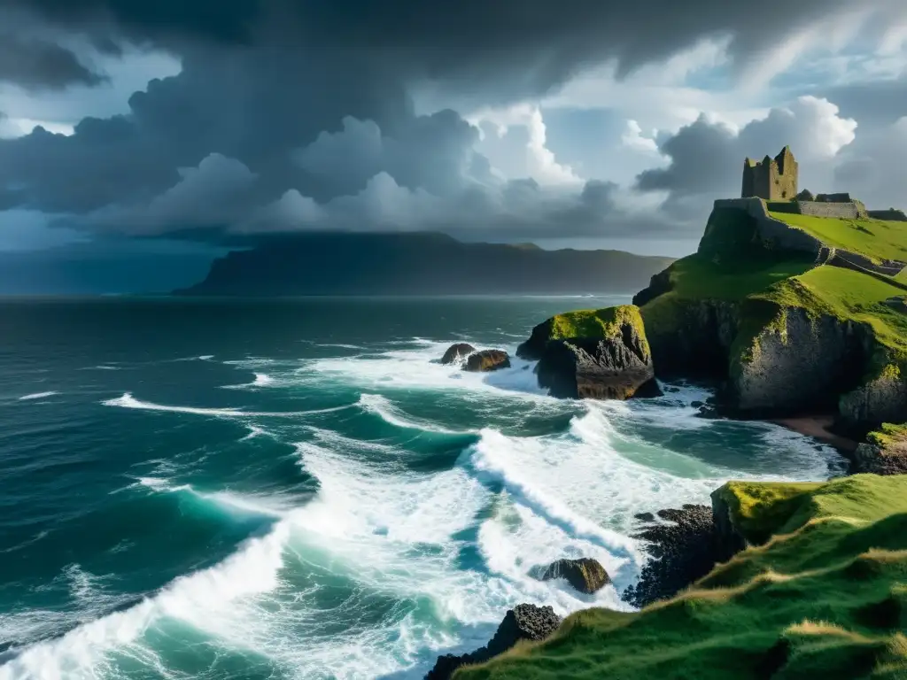 Tempestad: Misterio y Magia en Isla Remota Un solitario personaje contempla una isla remota, envuelta en niebla y rodeada de turbulentos mares y nubes tormentosas