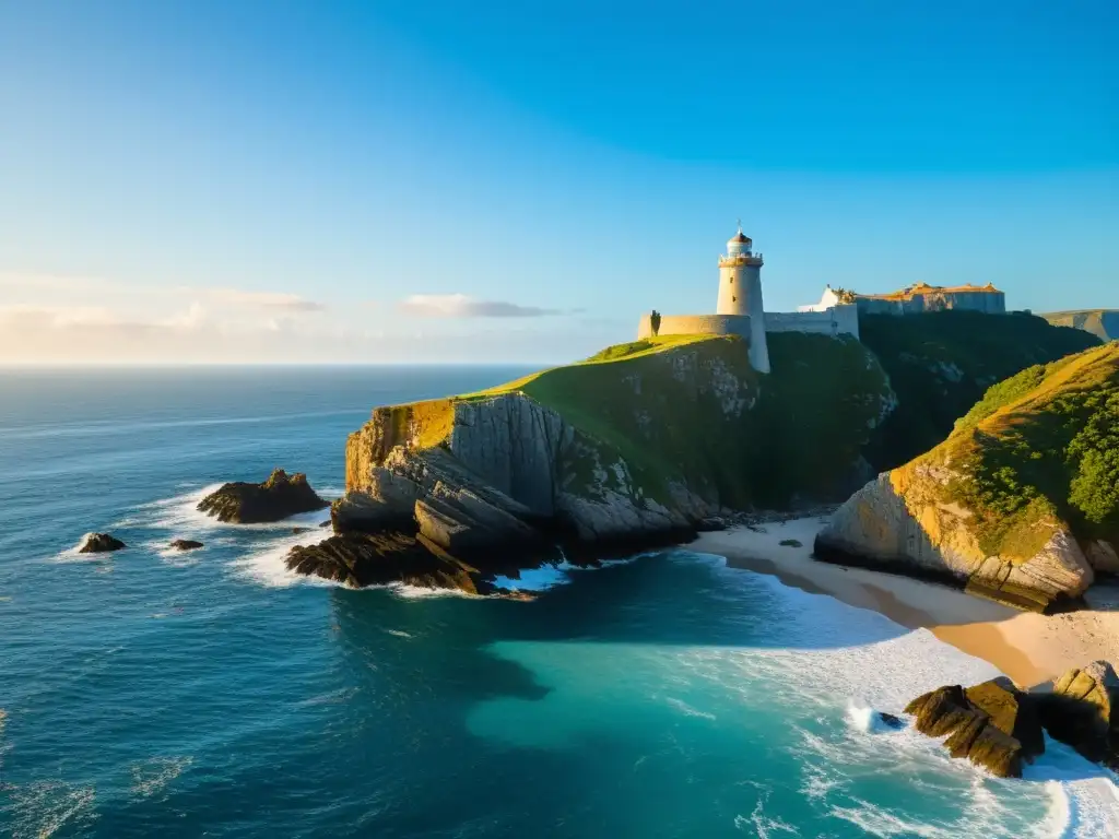 Atardecer mágico en la costa: torre de vigilancia centenaria y barco a vela Un solitario torreón de piedra en una isla privada, testigo silencioso de siglos de historia marítima
