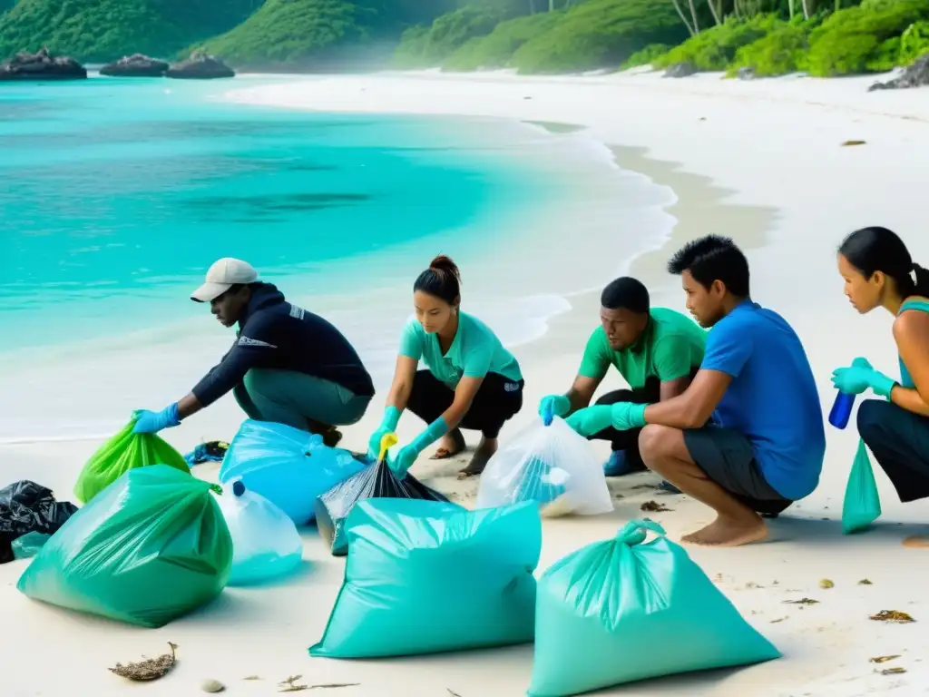Comunidad unida limpia playa de plástico Sostenibilidad y comunidades isleñas del Pacífico unidas en la limpieza de playa