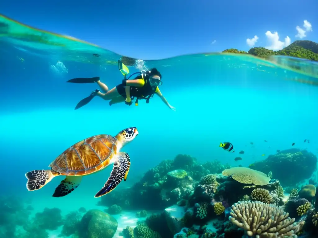 Exploración submarina: vida marina en Koh Tao Exploración submarina en el vibrante ecosistema de la isla Tortuga, con corales coloridos, peces tropicales y una tortuga marina
