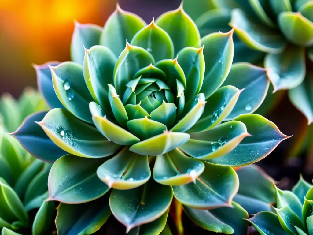 Suculenta canaria: belleza frágil en detalle Una suculenta canaria vibrante con gotas de rocío, iluminada por el sol dorado, destaca la fragilidad y belleza de los hábitats canarios