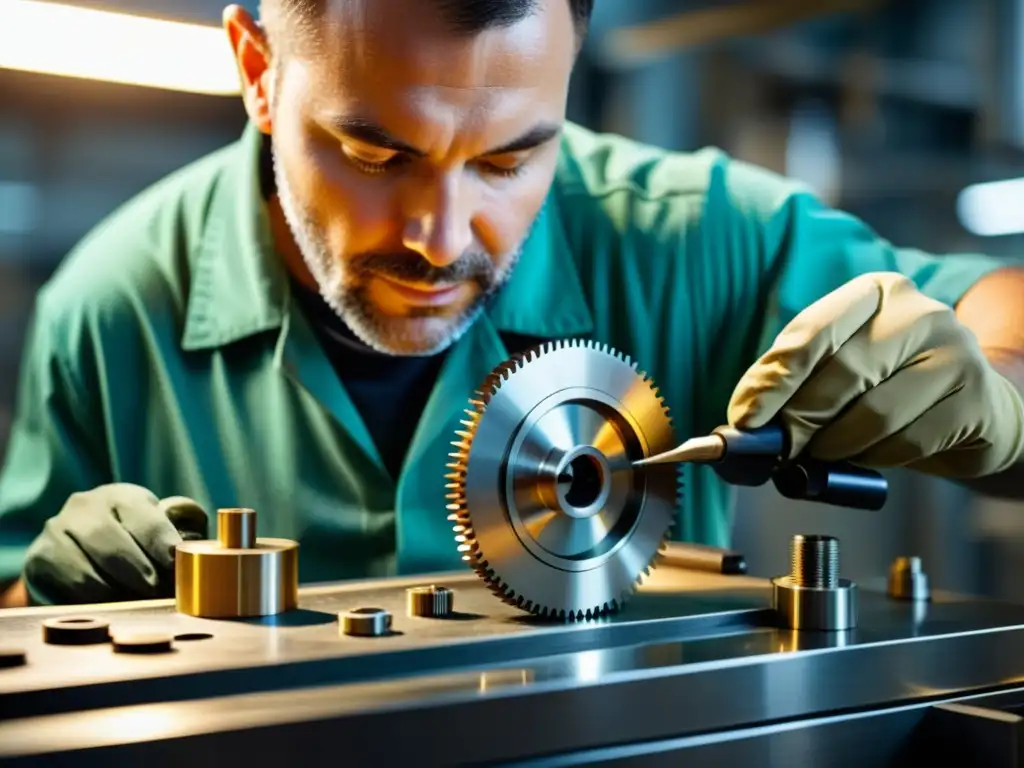 Experto en mantenimiento industrial cuidadoso y preciso Un técnico meticuloso limpia y aceita con precisión los intrincados componentes de un equipo industrial
