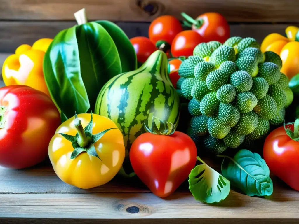 Deliciosa variedad de frutas y verduras frescas en mesa rústica Una tentadora variedad de frutas y verduras frescas sobre una mesa rústica