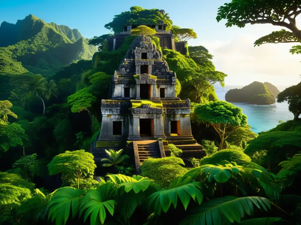 Templo de piedra antiguo en isla remota del Pacífico Norte Vestigios históricos islas Pacífico Norte: Antiguo templo de piedra entre exuberante vegetación tropical, bañado por cálido resplandor dorado