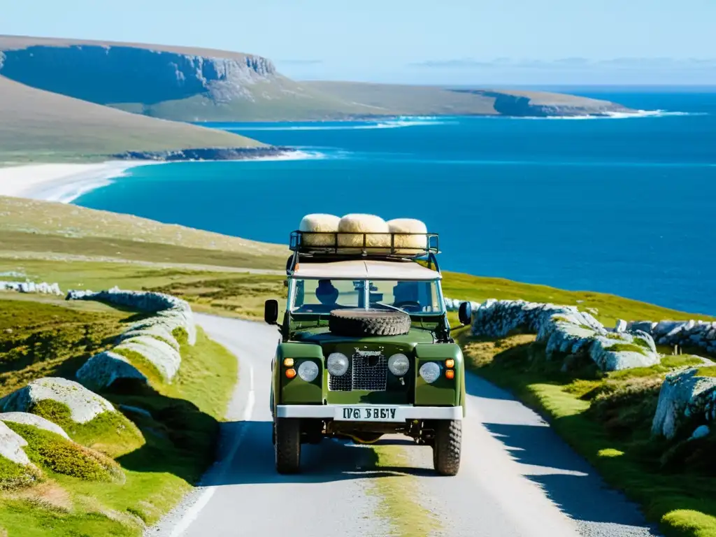 Land Rover vintage recorriendo la costa de las Islas Malvinas Viaje en Land Rover vintage por la costa de las Islas Malvinas, paisaje remoto y aventurero