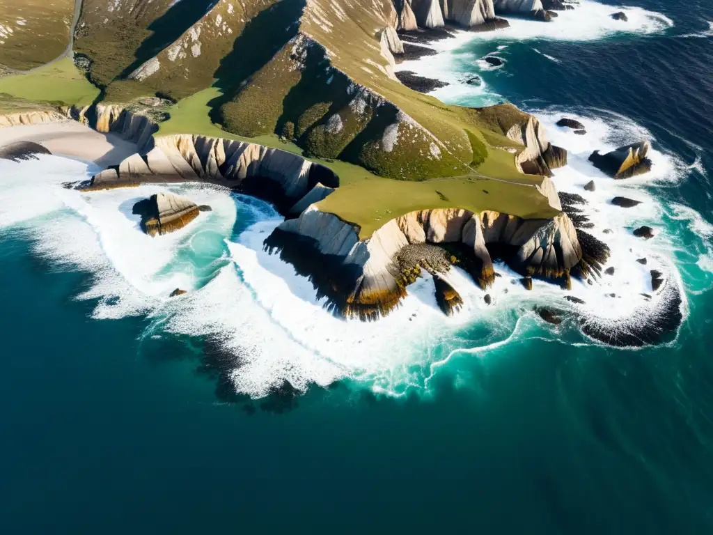 Costa salvaje de las Islas Malvinas: belleza natural impresionante Planificar viaje a las Islas Malvinas: Impresionante vista aérea de acantilados y olas del Atlántico Sur, mostrando la belleza natural y vida salvaje