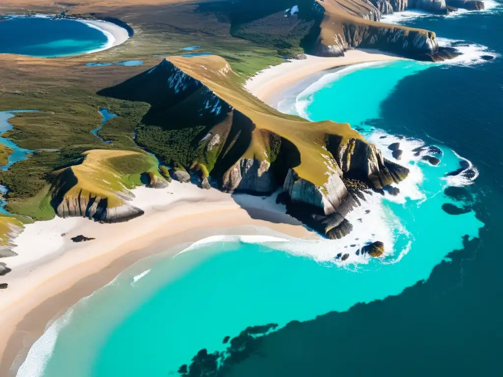 Costa salvaje de las Islas Malvinas: belleza aventurera Planifica viaje a las Malvinas: costa escarpada, playas y aguas turquesa del Atlántico Sur, reflejo de aventura y exploración