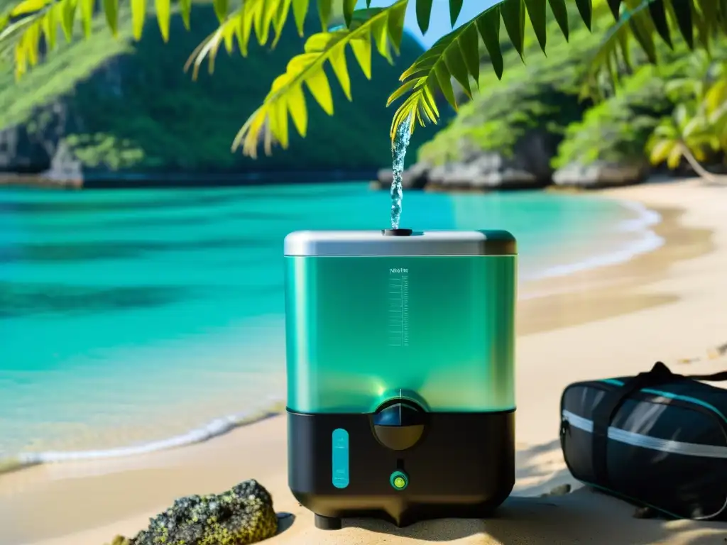 Disfrutando agua pura: filtro portátil en isla remota Un viajero filtra agua en una playa remota, con un sistema portátil