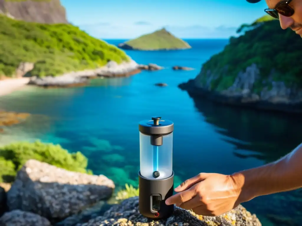 Filtrando la pureza: manos del viajero en remoto paraíso Un viajero filtra agua en una remota isla, destacando la importancia del filtrado de agua para destinos remotos
