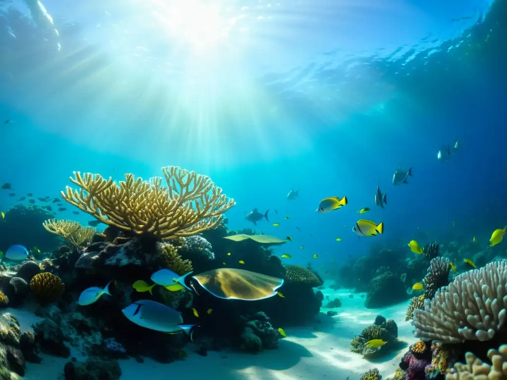 Arrecife de coral vibrante: vida marina en su esplendor Vibrante arrecife de coral con peces coloridos y tortugas marinas