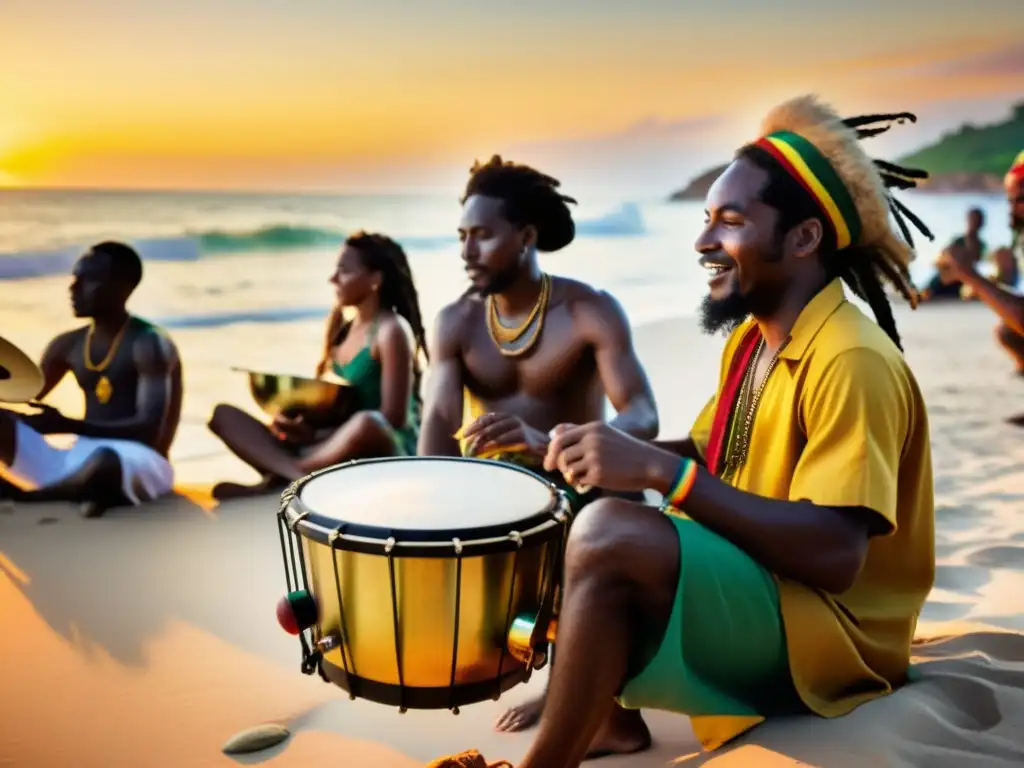 Concierto de músicos rastafaris en la playa al atardecer Un vibrante atardecer en la playa de Jamaica con músicos rastafaris tocando instrumentos tradicionales y personas disfrutando