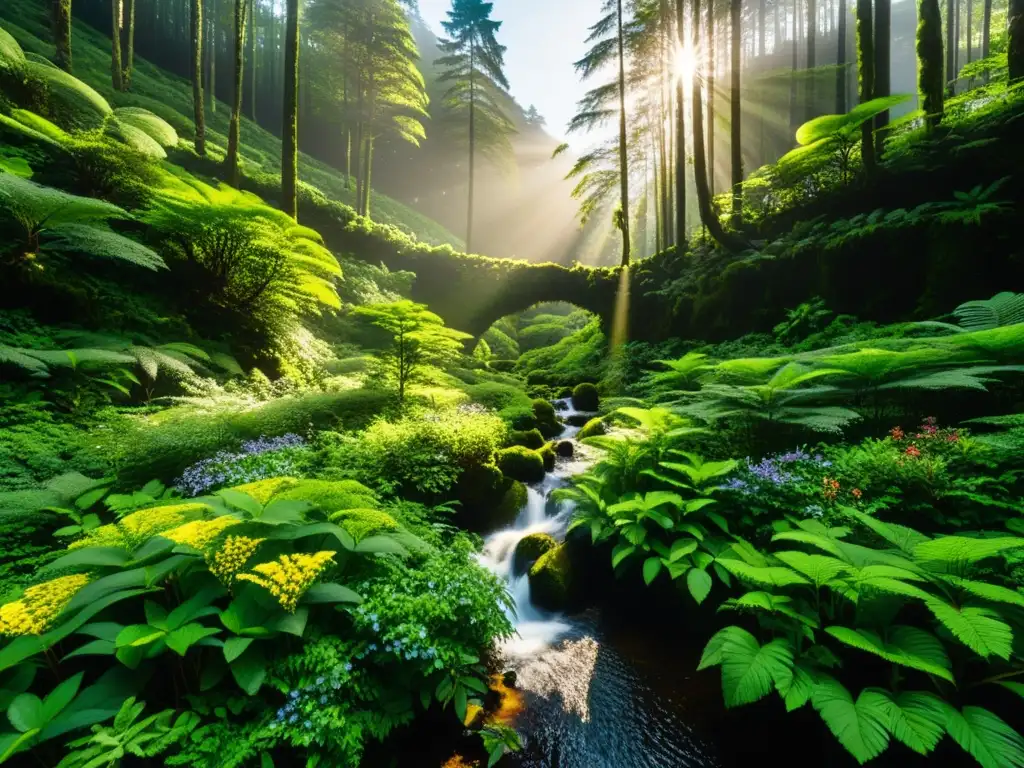 Bosque exuberante en Azores: luz y color Vibrante bosque en las Azores, con luz filtrándose entre el dosel, resaltando la exuberante vegetación y el arroyo