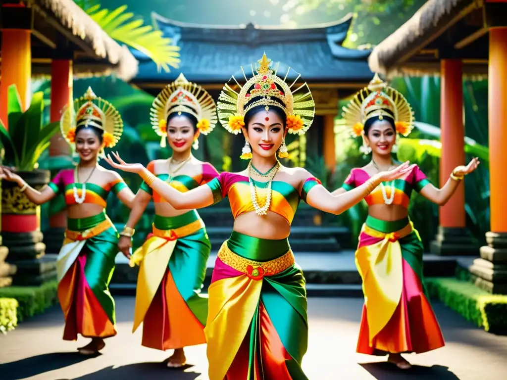 Danza tradicional balinesa: colores vibrantes y expresiones cautivadoras Vibrante danza balinesa entre exuberante vegetación y templo, capturando la cultura y tradiciones ancestrales de Bali