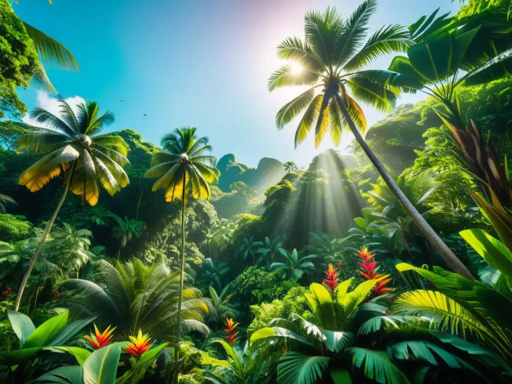 Jungla exótica: 8k detallado Vibrante jungla en isla exótica, con diversa flora y fauna