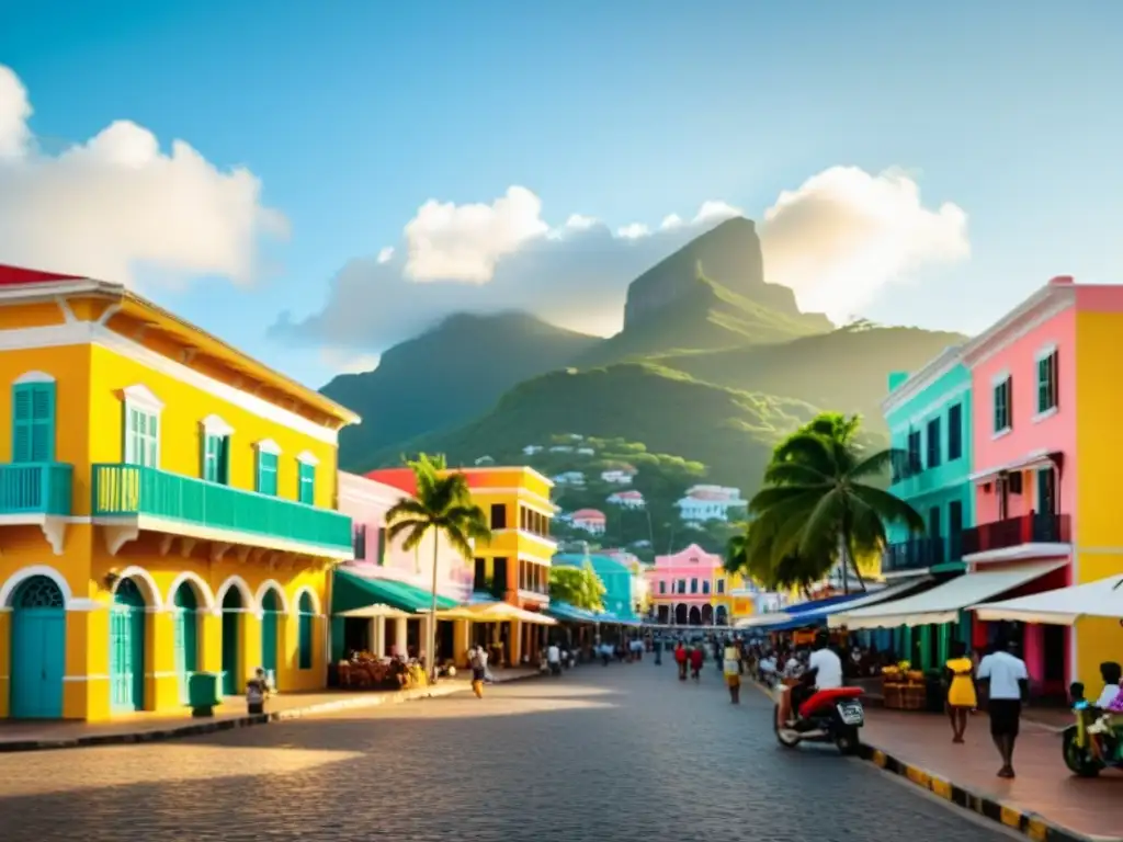 Vida caribeña: calles coloridas y cultura vibrante Una vibrante fotografía de un pueblo caribeño, con edificios coloridos, calles empedradas, locales animados y un bullicioso mercado