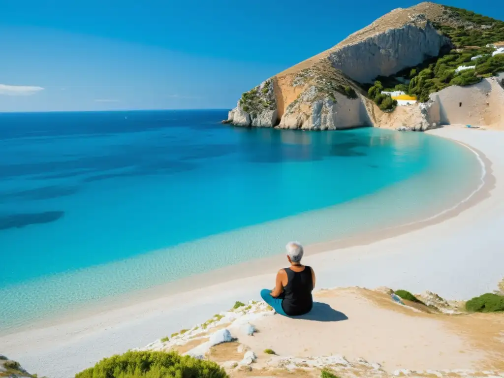 Playa griega serena con meditación y capilla blanca Vida espiritual en Islas Griegas: Meditación en playa dorada, aguas turquesas y capilla blanca al fondo