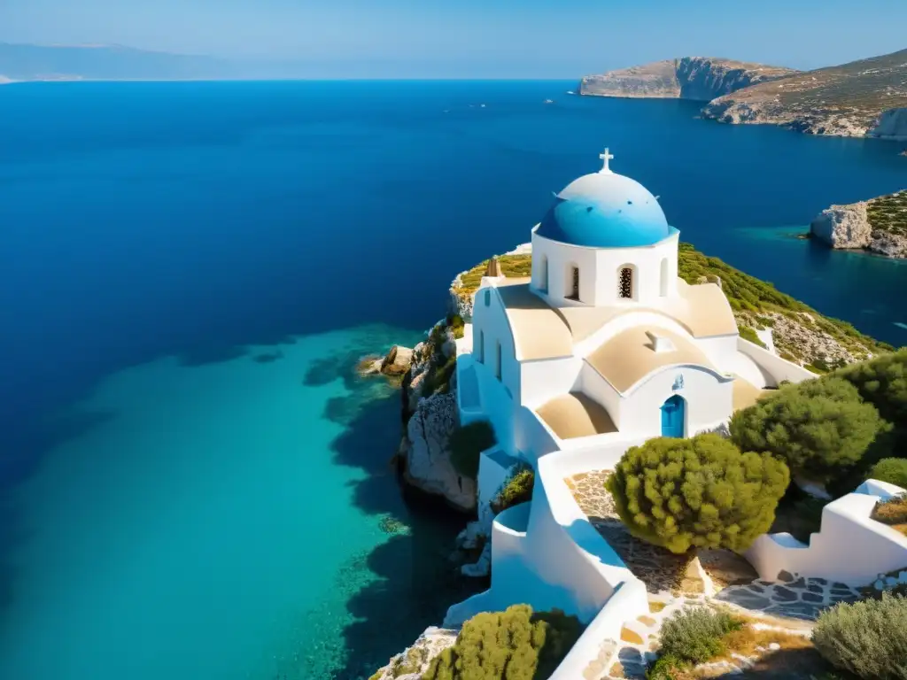 Iglesia ortodoxa griega en el acantilado: serenidad en el Egeo Vida espiritual en Islas Griegas: iglesia ortodoxa griega en acantilado, aguas turquesas y cielo azul