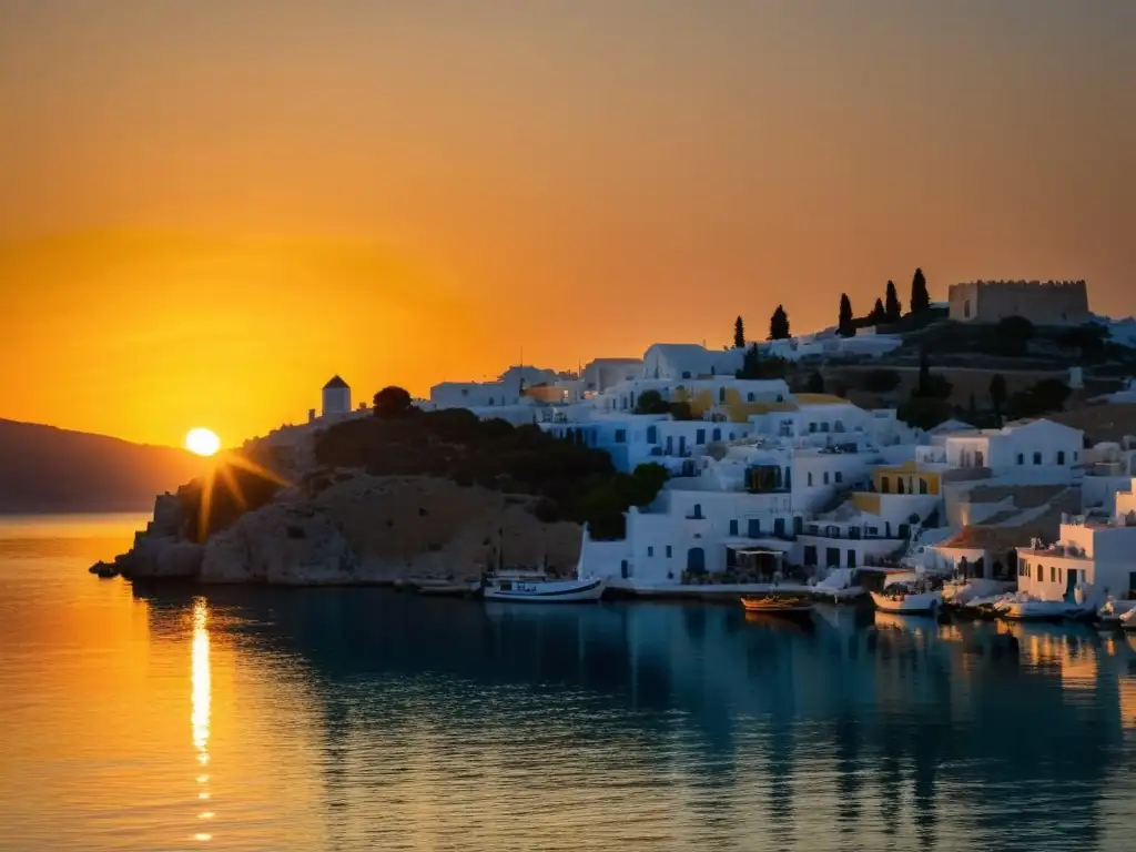 Atardecer dorado sobre pueblo costero griego Vida espiritual en Islas Griegas: Atardecer dorado sobre el mar Egeo, reflejando tranquilidad y belleza eterna