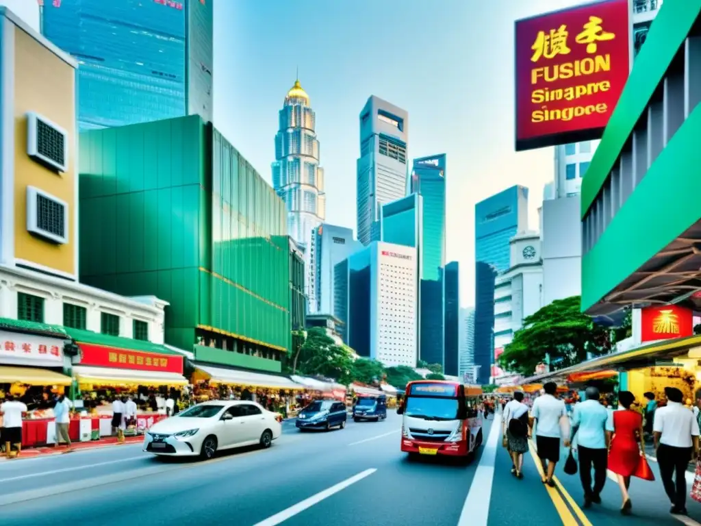 Vida urbana en Singapur: fusión de tradición y modernidad Vida en las Islas de Singapur: Mezcla de tradición y modernidad en bulliciosa calle de Singapur, con colorida y vibrante atmósfera urbana
