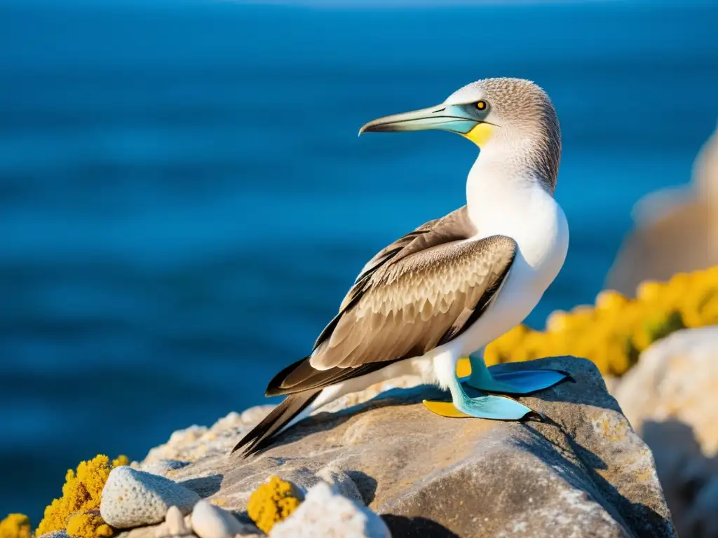 Booby de patas azules en detalle Fotografía de vida silvestre en Galápagos: Detalle impresionante de un piquero de patas azules en su entorno natural, con un fondo salvaje y hermoso