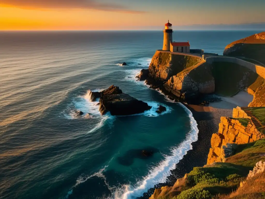 Vigilancia solitaria: torre de guardia en acantilado Vigilancia en una isla privada: Una torre solitaria en un acantilado rocoso, con un dramático atardecer sobre el océano