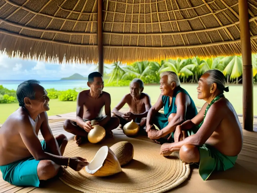 Conversación animada bajo la choza tradicional en Micronesia Villagers en Micronesia intercambian historias bajo el tradicional refugio tejido, preservando la comunicación en islas remotas de Micronesia