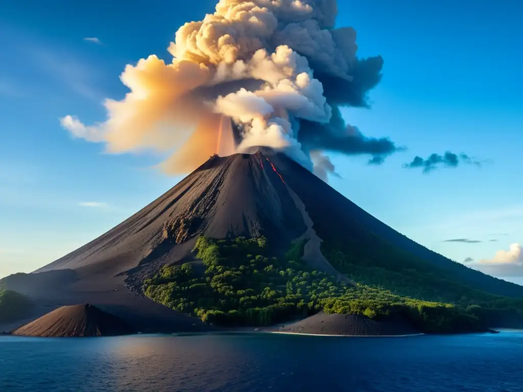 Anak Krakatau: Belleza Volcánica Visita virtual islas volcánicas Indonesia: Anak Krakatau emerge majestuoso del mar, con nubes de ceniza y vapor, bañado por la luz dorada del sol