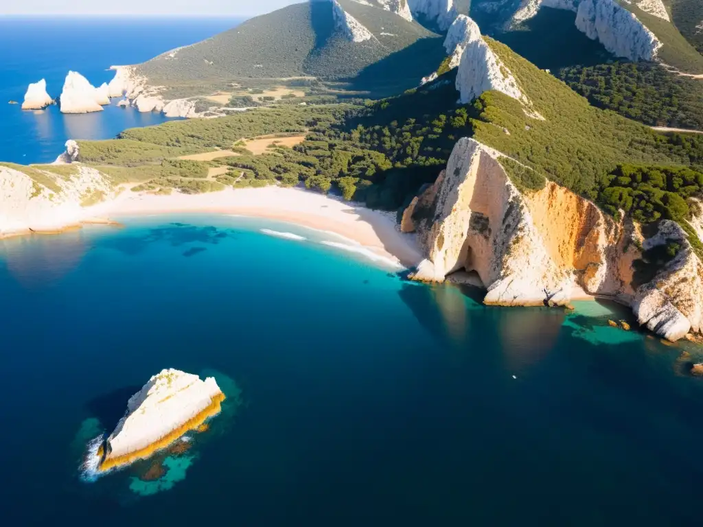 Vista aérea de Es Vedrà: acantilados, aguas cristalinas y misterios de Es Vedrà en el Mediterráneo
