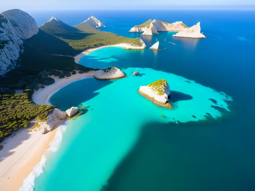 Vista aérea de los acantilados escarpados y aguas cristalinas turquesas alrededor de la isla Es Vedrà en el Mediterráneo