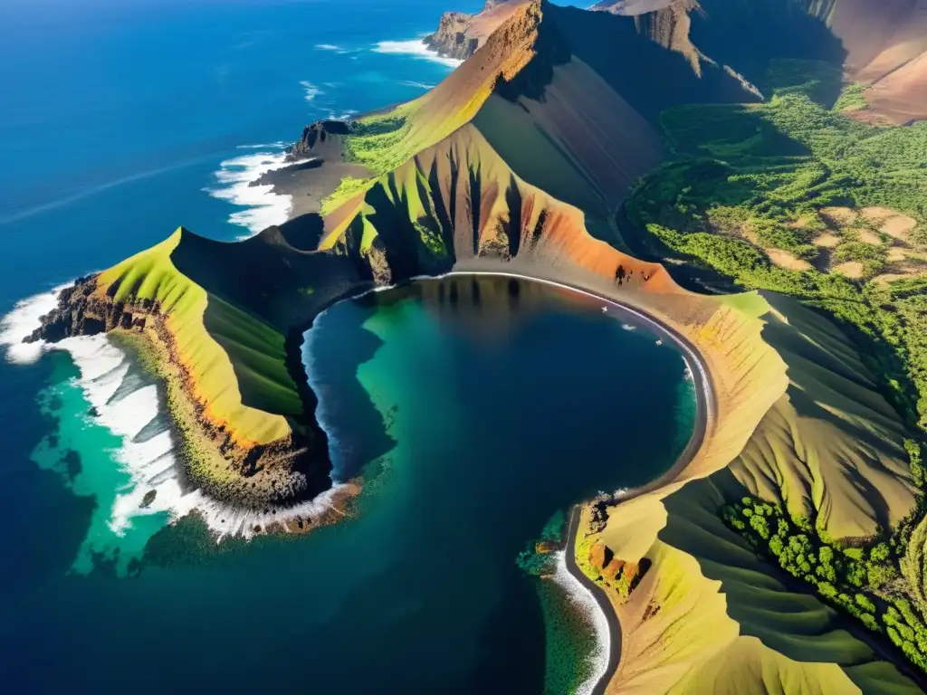 Foto aérea de impactante paisaje volcánico de las Islas Canarias: diversidad y fragilidad Vista aérea de la árida belleza volcánica de las Islas Canarias, resaltando la importancia de la protección de sus hábitats únicos y diversos