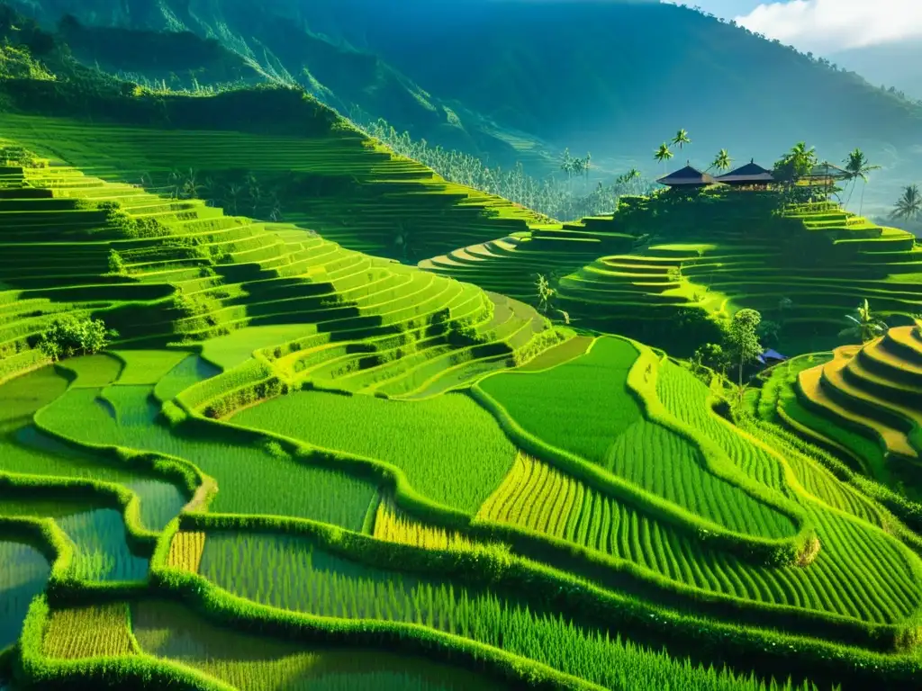 Terrazas de arroz en Bali: belleza natural y cultural Vista aérea de arrozales verdes en Bali con luz matutina