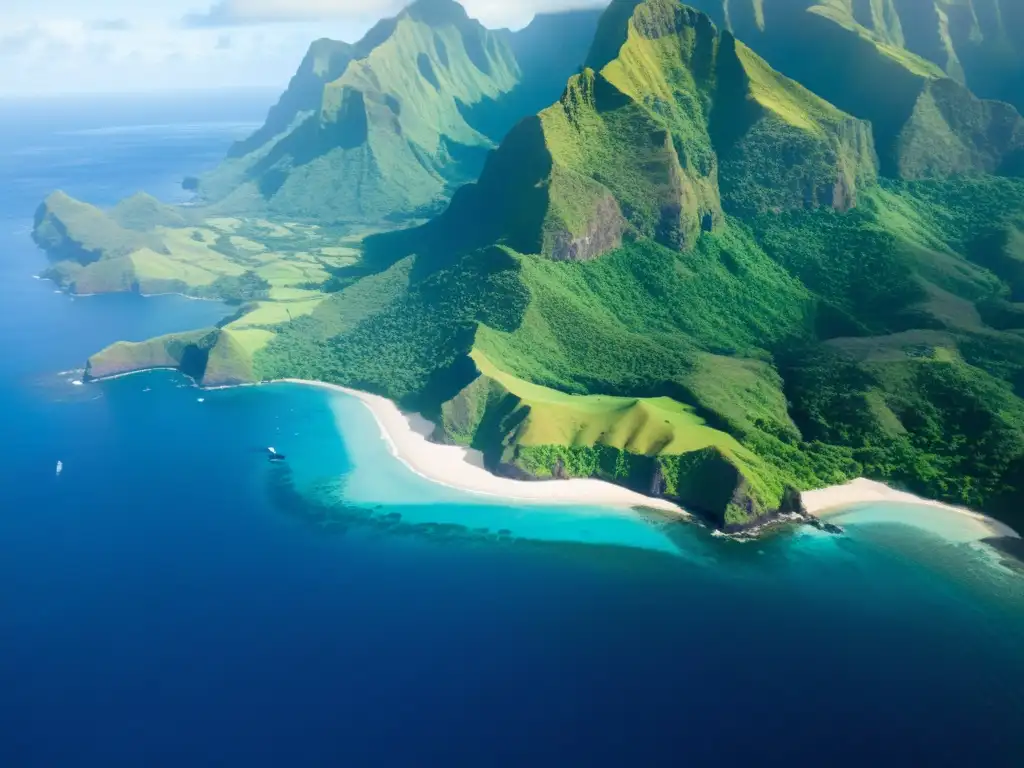 Costa escarpada de las Islas Marquesas: paraíso remoto en Polinesia Vista aérea de la costa escarpada de las Islas Marquesas en la remota Polinesia Francesa, con montañas verdes y aguas cristalinas salpicadas de pequeñas embarcaciones