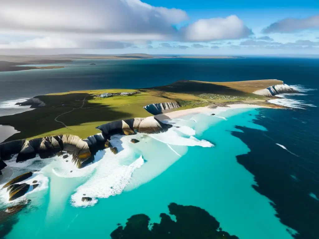 Costa salvaje de las Islas Malvinas: vida silvestre y belleza natural Vista aérea de la costa agreste de las Islas Malvinas, con aguas turquesa cristalinas y acantilados escarpados