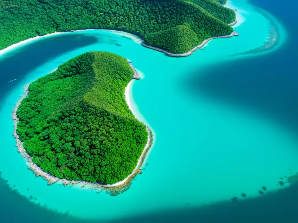 Paraíso tropical: isla exuberante y ecosistemas diversos Vista aérea de una exuberante isla rodeada de aguas turquesas, con ecosistemas diversos y playas aisladas
