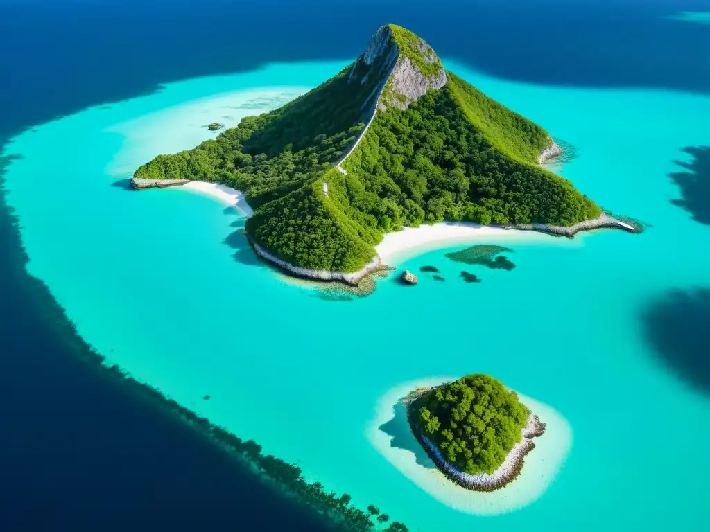 Exploración de islas: drone captura belleza natural Vista aérea de una exuberante isla remota rodeada de aguas turquesas cristalinas, con un dron capturando la belleza natural