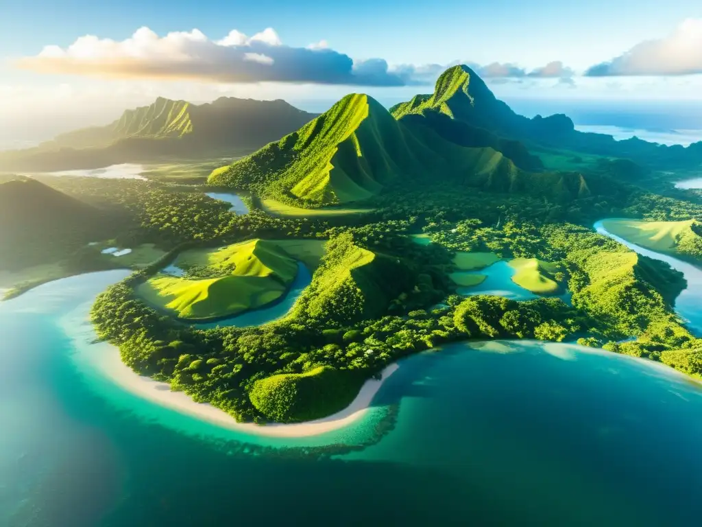 Esplendor natural: ríos claros serpenteando en Fiji Vista aérea de las exuberantes Islas Fiji, con ríos claros serpenteando