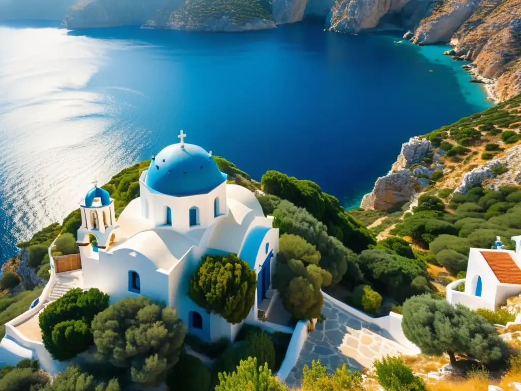 Esplendor sagrado: iglesia griega en acantilado Vista aérea de iglesia ortodoxa griega blanca con cúpulas azules, en acantilado sobre el mar Egeo