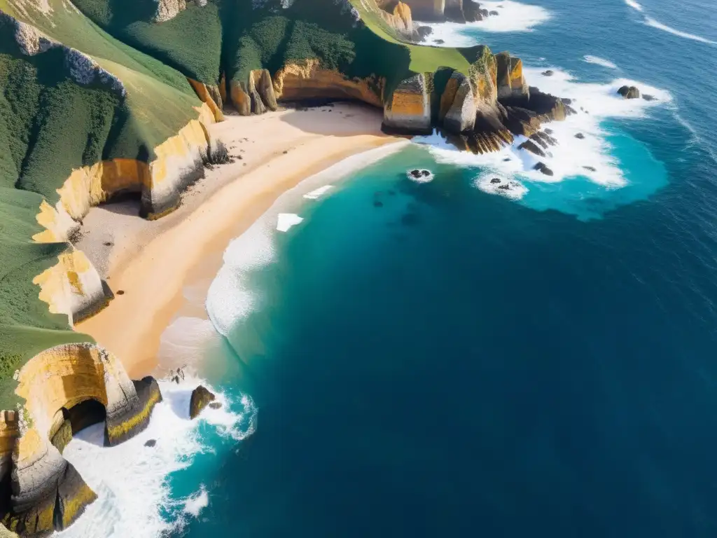 Costa agreste de Tristán de Acuña: soledad y supervivencia Vista aérea impactante de la áspera costa de Tristán de Acuña, mostrando su aislada naturaleza y belleza salvaje