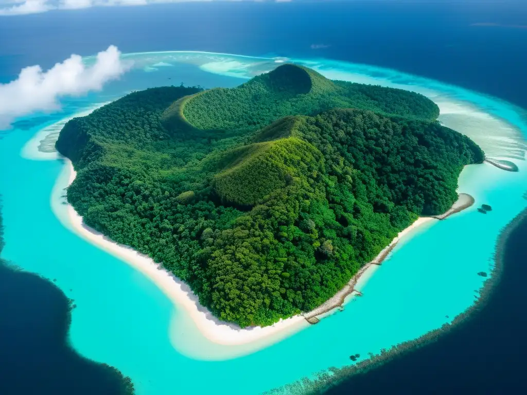 Paraíso tropical: isla remota en aguas turquesas Vista aérea impactante de una isla remota y exuberante rodeada de aguas turquesa cristalinas
