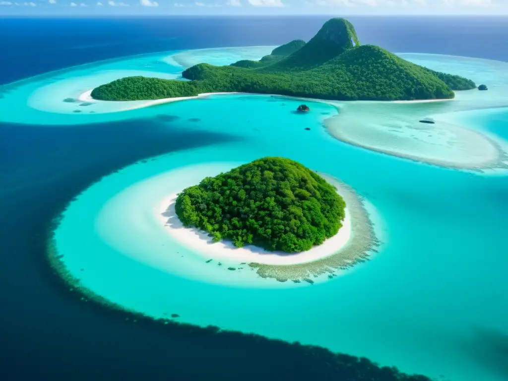 Isla remota: paraíso natural de aguas turquesas y playas vírgenes Vista aérea impactante de una isla remota, con exuberante vegetación, playas prístinas y aguas turquesa