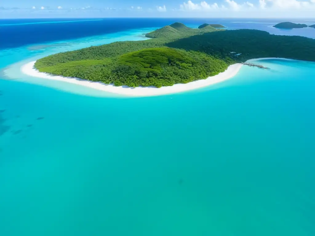 Paraíso caribeño: San Vicente y las Granadinas Vista aérea impresionante de las aguas turquesas cristalinas que rodean las exuberantes islas de San Vicente y las Granadinas