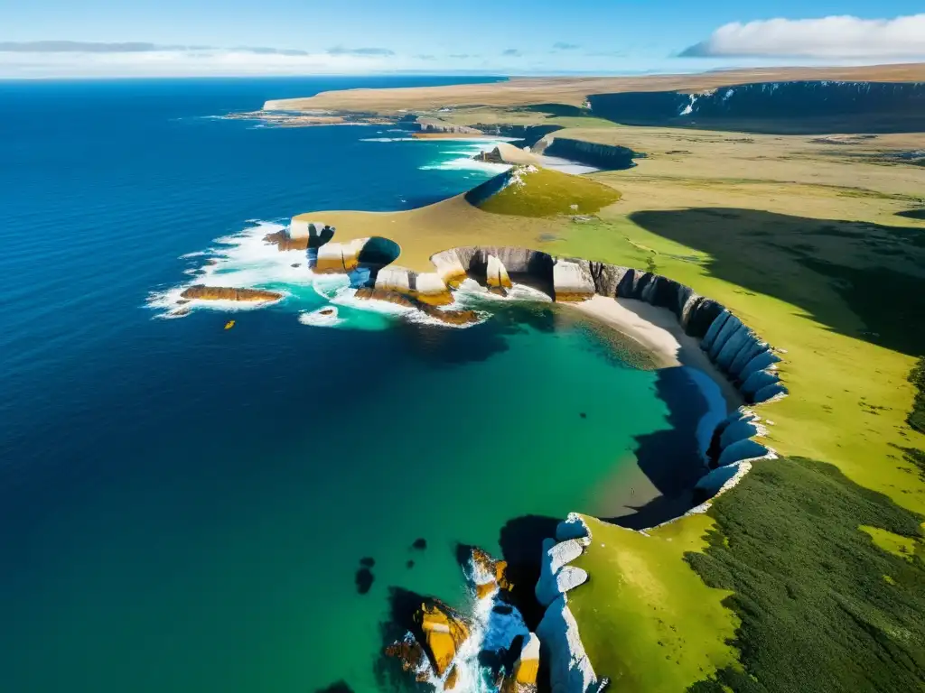 Espectacular vista aérea de la costa escarpada de las Islas Malvinas: pingüinos, focas y paisajes asombrosos Vista aérea impresionante de la costa escarpada de las Islas Malvinas