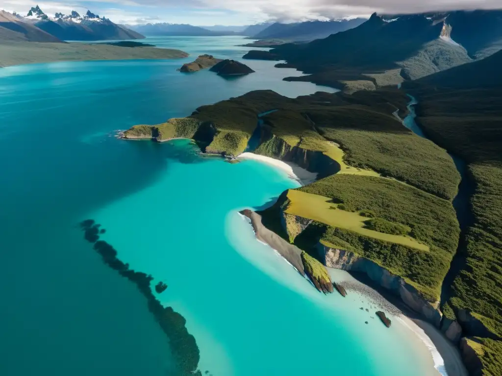 Costa salvaje de la Patagonia: belleza natural sin igual Vista aérea impresionante de la costa escarpada de la Patagonia chilena, con aguas turquesas y acantilados dramáticos