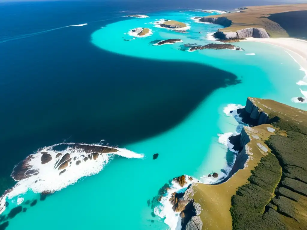 Costa salvaje de las Islas Malvinas: espectacular vista aérea Vista aérea impresionante de la costa accidentada de las Islas Malvinas, con acantilados dramáticos, aguas turquesas y paisaje salvaje y virgen