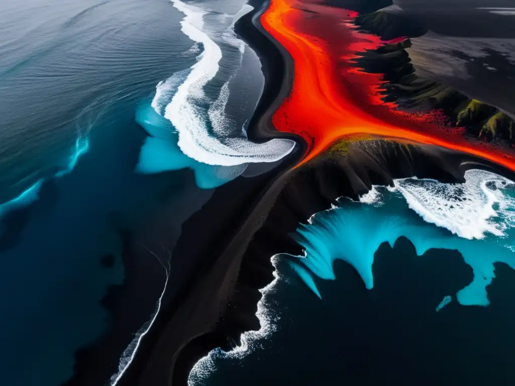Costa volcánica de Islandia: encuentro de hielo y fuego Vista aérea impresionante de la costa de Islandia, con el contraste entre el océano Atlántico y el paisaje volcánico