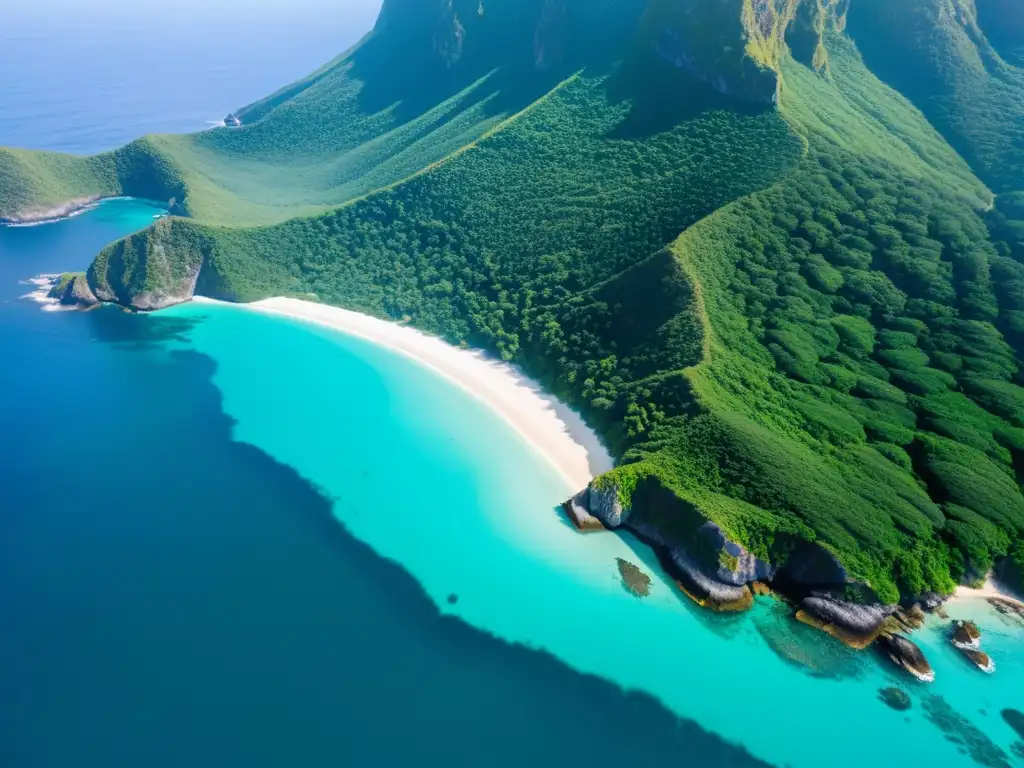Costa salvaje: isla virgen, aguas turquesas y exuberante vegetación Vista aérea de la impresionante costa de una isla salvaje, donde la exuberante vegetación se encuentra con las aguas turquesas