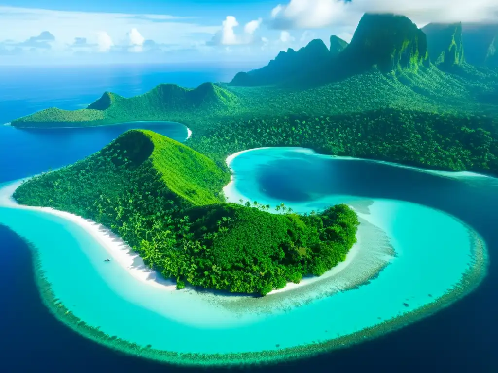 Paraíso tropical: isla exótica en Melanesia Vista aérea impresionante de una exuberante isla tropical en Melanesia, con aguas turquesas cristalinas y montañas envueltas en neblina