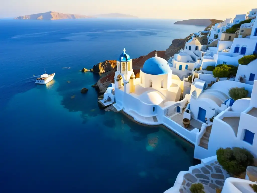 Vista aérea impresionante de las islas Cícladas Vista aérea impresionante de las icónicas construcciones blancas y azules de las islas Cícladas, reflejadas en el mar azul profundo