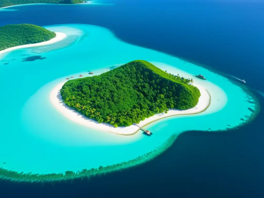 Isla remota: belleza natural y serenidad Vista aérea impresionante de una isla remota rodeada de aguas turquesas, con vegetación exuberante y una aldea pesquera